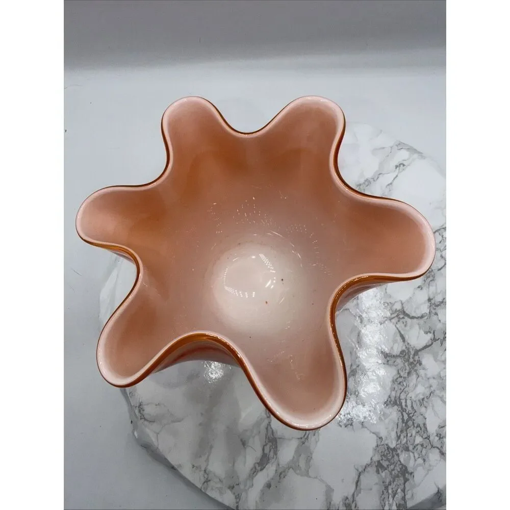 Vintage Handkerchief Vase Art Glass Cased Round 2 Tone Orange Stripes 7”H